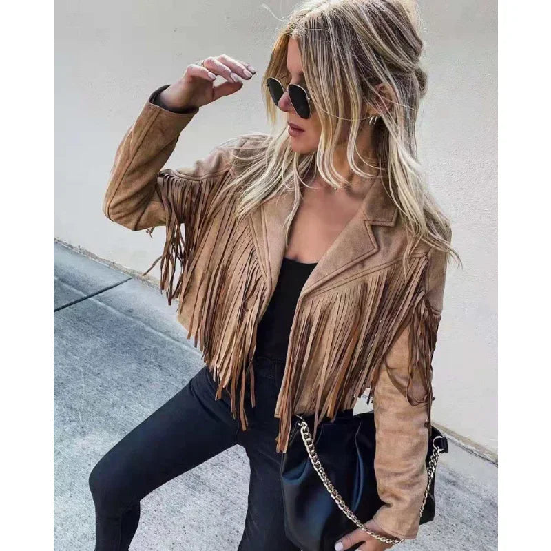EtherealBe fringe suede jacket with tassels for women in tan with stylish fringe design