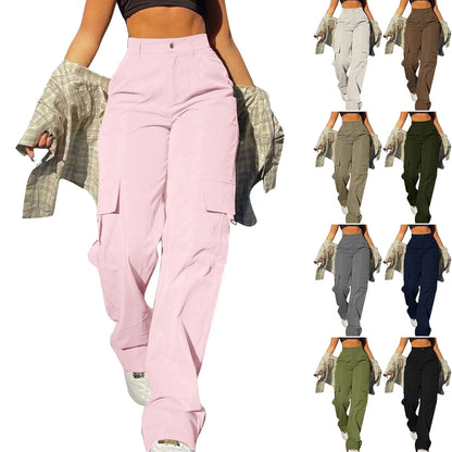 Ladies' Street Fashion Multi Pocket Cargo Pants Summer Solid Color Straight Leg Pants High Waist Slimming Loose Fit Cargo Pants