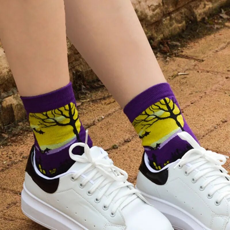 Halloween Harajuku Characteristic Couple Socks Funny Bat Pumpkin Lantern Wizard Ghost Print Men's Women's Middle Tube Socks