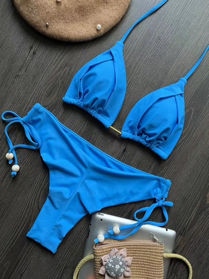 2025 New Sexy Triangle Bathing Suit for Women Brazilian Bikinis Halter Swimwear Push Up Swimsuit Metal Chain Beach Bikini Set