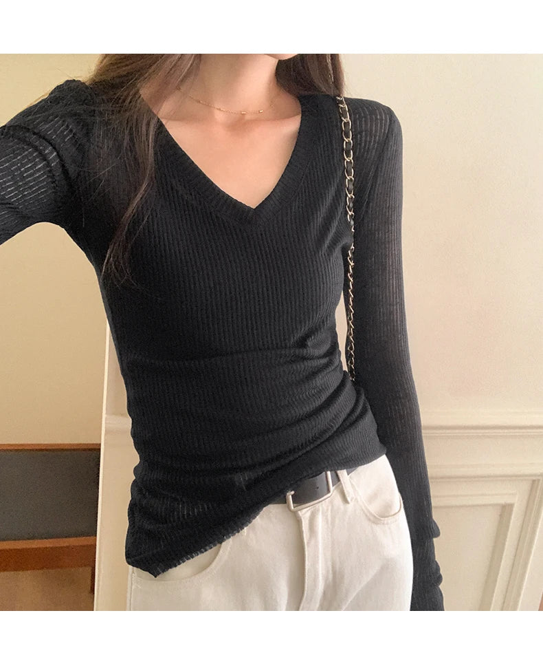 Autumn Sexy Classic V-neck Knitted Female T-shirts New Elastic Fashion Slim Simple Casual Pure Color Long Sleeves Women T-shirts