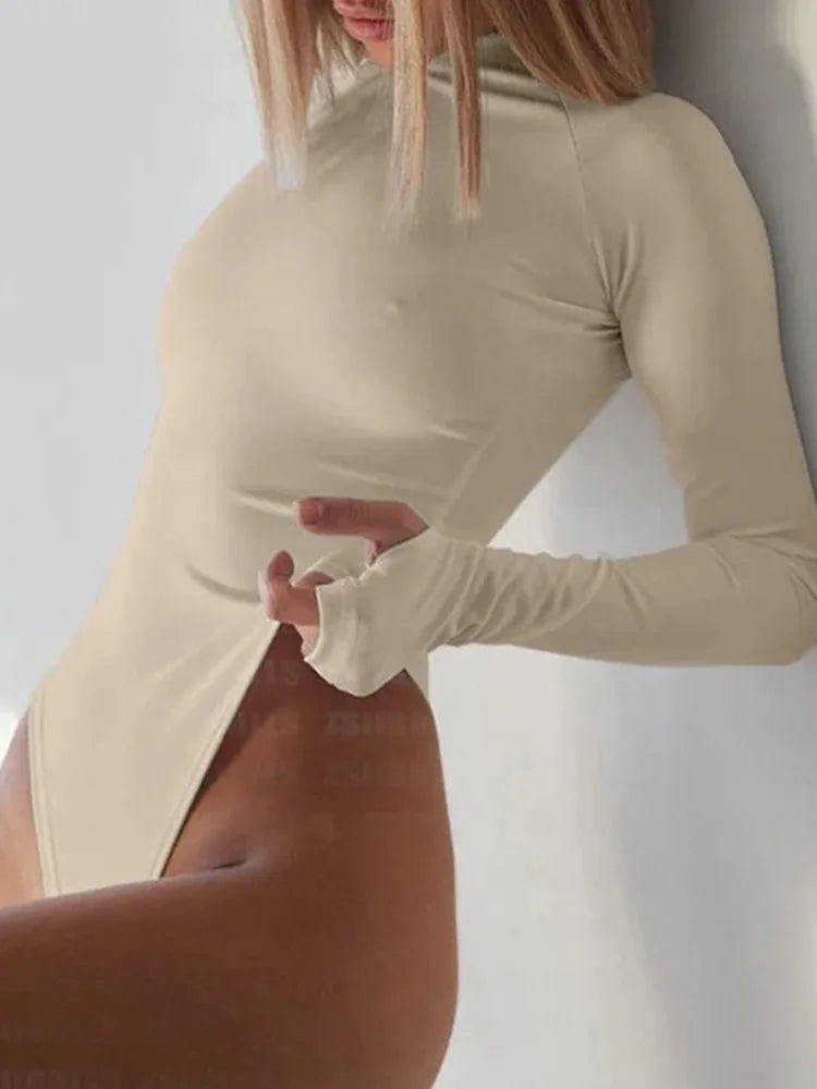 Autumn New Sexy Women Long Sleeved Tight Fitting Clothing Fashionable Gothic Slim Fit Bightclub Base Shirt Solid Color Jumpsuit