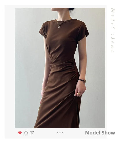 Slim Fit T-irt Dr Women's Spring Summer ort Sve Pleated Waist Cinching A-Line Midi Dr Small Stature 50