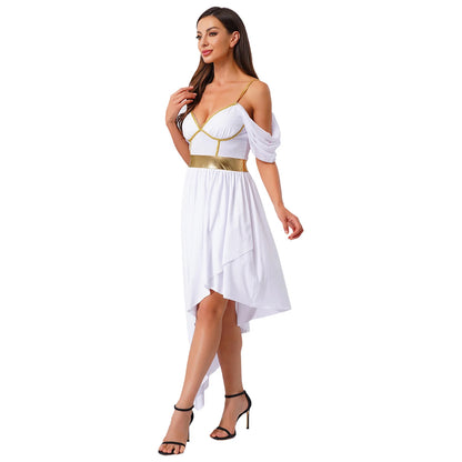 Womens Ancient Greek Costume Halloween Roman Queen Cosplay Dress Metallic Shiny Off Shoulder Sling Carnival Roleplay Dress Up