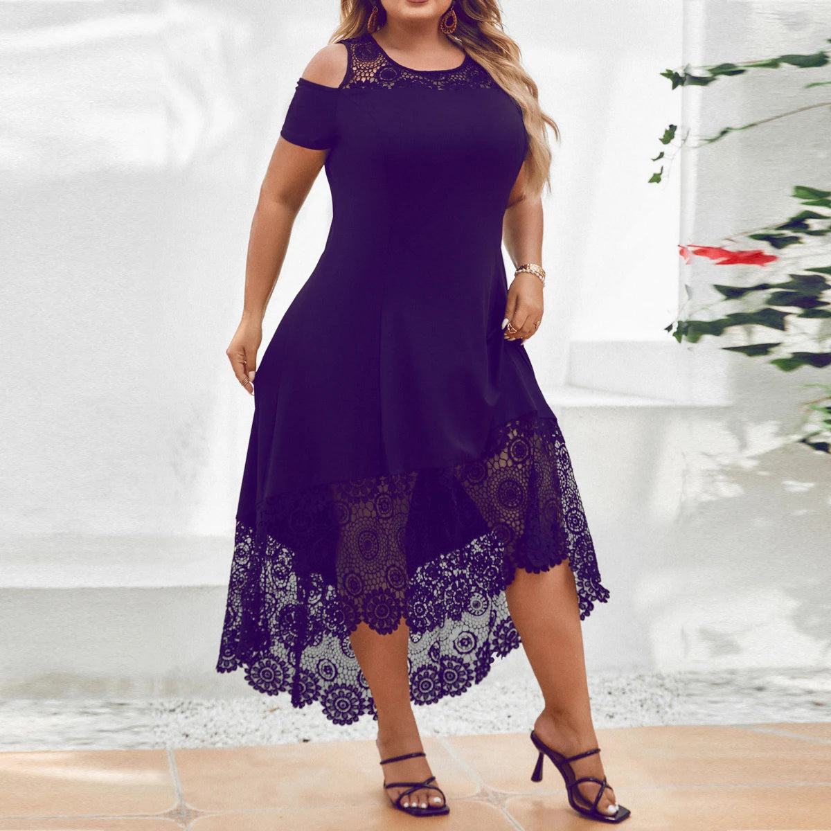 Plus Size Women' Solid Elegant Lace Spliced Cold Shoulder Midi Dress Summer Ladies Banquet Party Cocktail Sundress Size 0XL-5XL