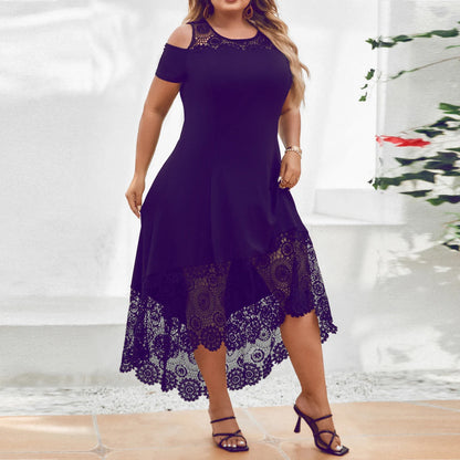 Plus Size Women' Solid Elegant Lace Spliced Cold Shoulder Midi Dress Summer Ladies Banquet Party Cocktail Sundress Size 0XL-5XL
