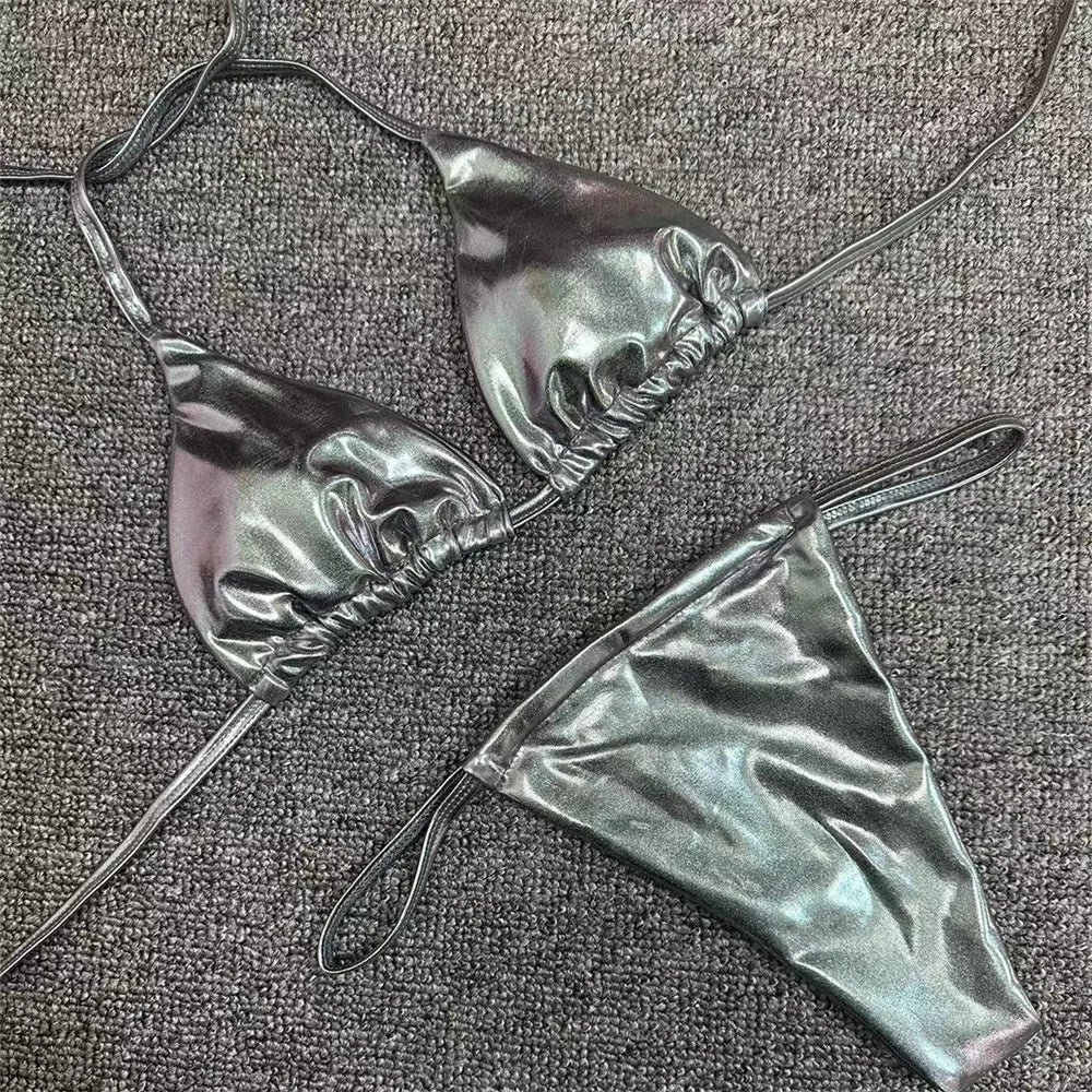Sexy String Bikini Triangle Swimsuit Goth Silver Y2K Swimwear Women Backless Bathing Suit Micro Extreme Tanga mujer Beach Outfit