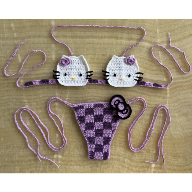 Sanrio Crochet Bikini Set Cute Girls Swimsuits Hello Kitty Sexy Bathing Suit Micro Ties Bikinis Beachwear Women Swimming Suit
