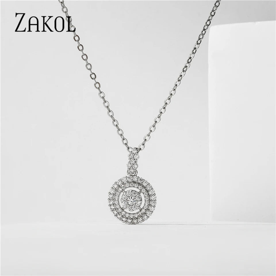 ZAKOL Simple Round Zirconia Pendant Necklaces for Women Shiny Crystal Fashion Party Dress Jewelry