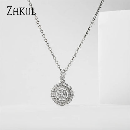 ZAKOL Simple Round Zirconia Pendant Necklaces for Women Shiny Crystal Fashion Party Dress Jewelry