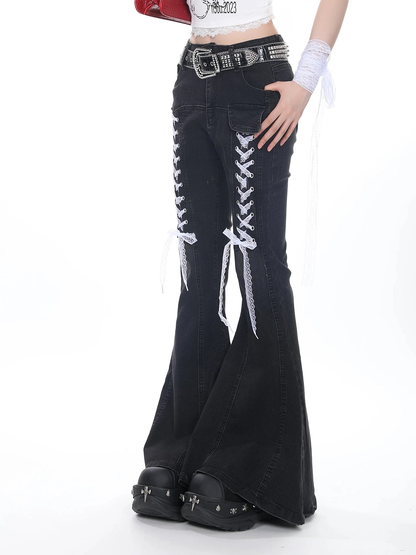 2025 Autumn Winter Women Designer 2000s Harajuku Lace Gothic Flare Denim Pants Y2k Japanese Streetwear Jean Baggy Bell Bottom