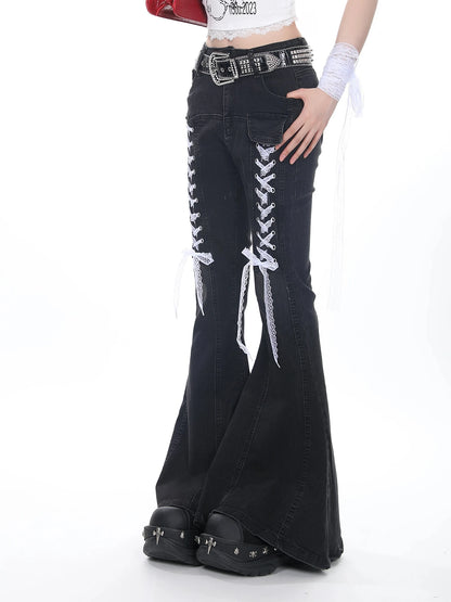 2025 Autumn Winter Women Designer 2000s Harajuku Lace Gothic Flare Denim Pants Y2k Japanese Streetwear Jean Baggy Bell Bottom