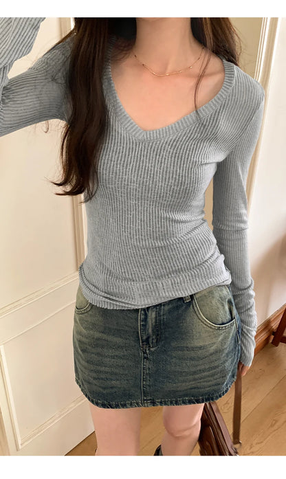 Autumn Sexy Classic V-neck Knitted Female T-shirts New Elastic Fashion Slim Simple Casual Pure Color Long Sleeves Women T-shirts