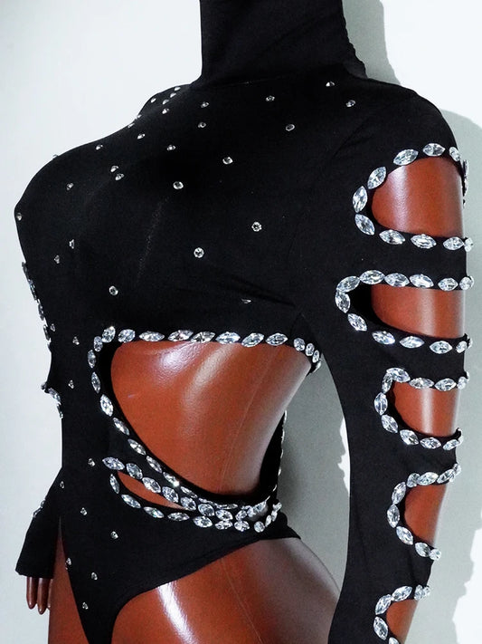 rhinestHollow Out Sexy Black Women Bodysuit pants Sets Long Sleeve Turtleneck Bodysuits Clubwear Costumes Stars Hot Singer Stage