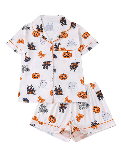Women Halloween Pumpkin Bat Print Pajama Set,Breathable Lapel Loungewear Short-Sleeved Roll-Neck Shirt and Loose Shorts S-XXL