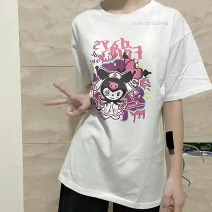Sanrio Kuromi Summer 2023 Women's Clothes Japanese Fashion Y2k Short Sleeved White T-shirt Oversize Tops Young Girl Couples Tees