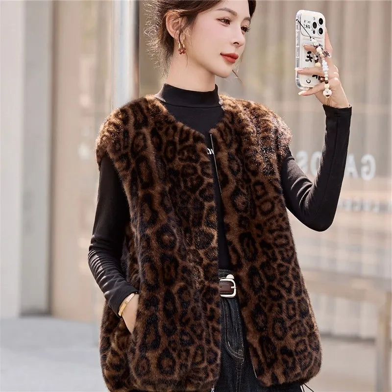 Winter fashion  casual senior sense thin  fur integrated leopard print vest warm top clothing  chalecos para mujer