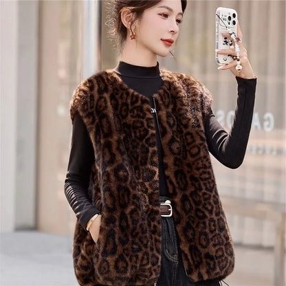 Winter fashion  casual senior sense thin  fur integrated leopard print vest warm top clothing  chalecos para mujer