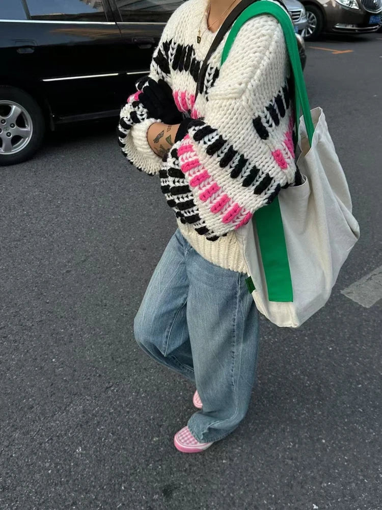 Women Multi Color Striped Thick Casual Round-neck Sweater Chunky Jumper Bold Black & Pink Stripes Winter Niche Design Knit Top
