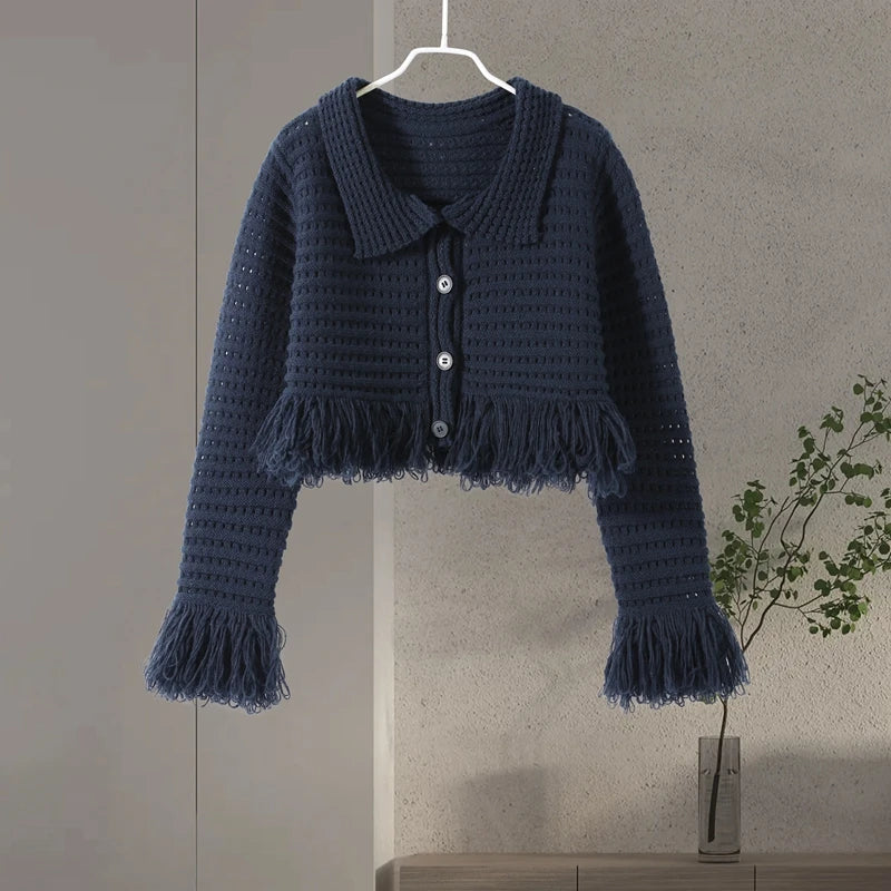 Sexy Knitted Tassel Top Skirt Women Set Dark Blue Long Sleeve Lapel Button Tops Pleated Mini Skirts 2025 Fashion Solid Lady Suit