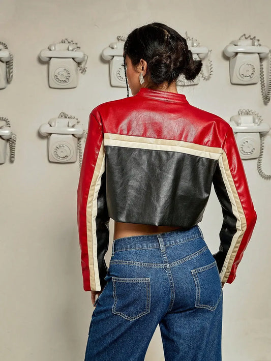 EtherealBe Cropped studded PU leather jacket female in red and black with stylish design and fitted silhouette