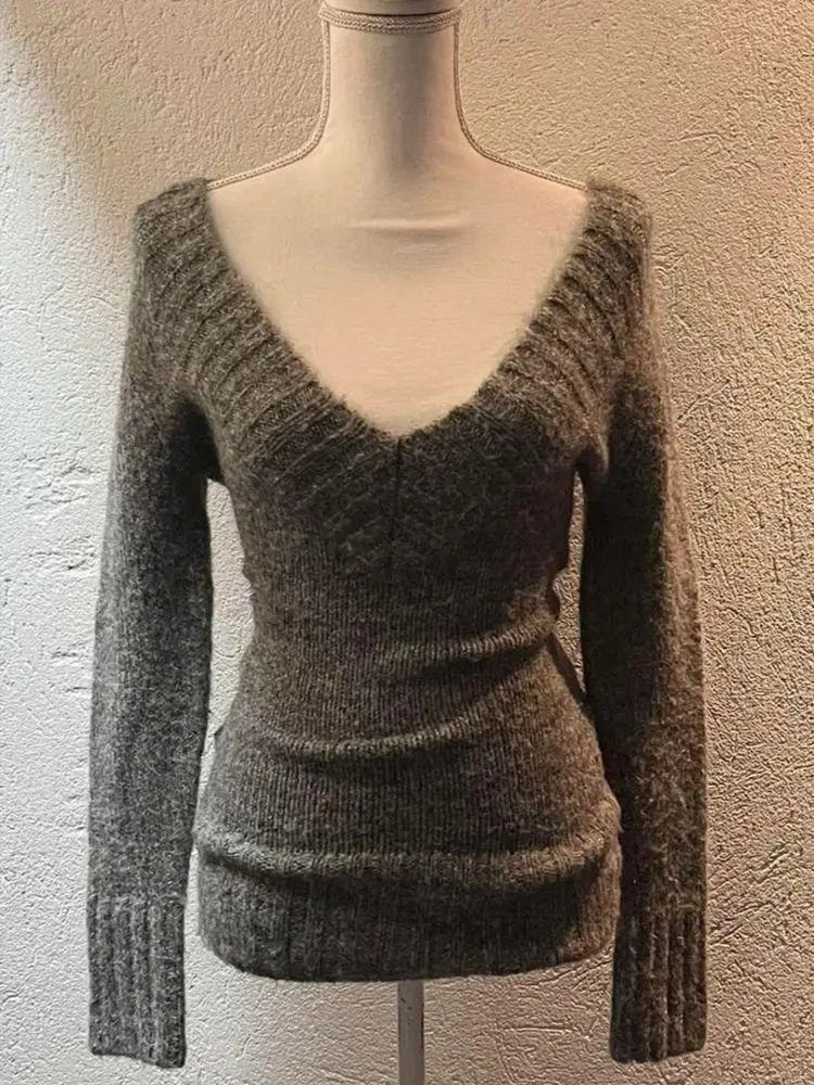 NEW Fall Winter Sweater Casual Slim Fit Chic Solid Color Ribbon Decoration One-shoulder Pullover Y2K Harajuku Womens Streetwear