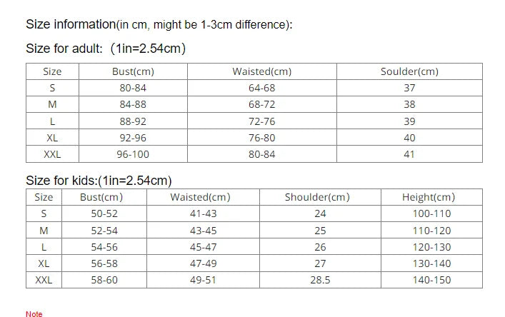 Size chart for EtherealBe Snow White Halloween party costume for adults and kids with detailed measurements