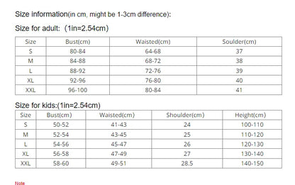 Size chart for EtherealBe Snow White Halloween party costume for adults and kids with detailed measurements