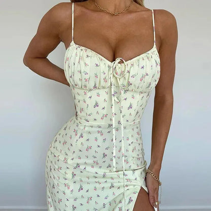 Floral Sexy Suspender Dress Fashionable Strappy Backless Split Skirt Temperament Banquet Summer Women's Wear