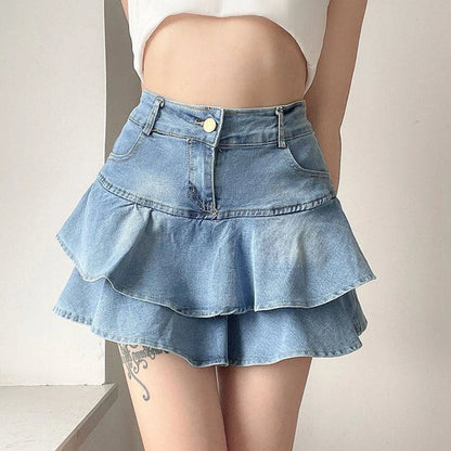 Y2k Skirt Women Ruffles Double Layer High Waisted Light Blue Denim Skirt JK Uniforms Irregular Curved Streetwear Korean Skirt