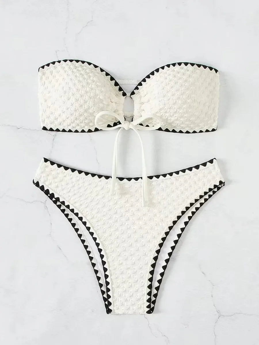 Swimwear White 2 Piece Strapless Swimsuit for Women Sexy Bandeau Backless Bikini Set Lace-up Patchwork Bathing Suit 2025 New
