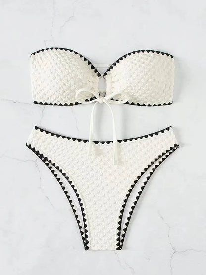 Swimwear White 2 Piece Strapless Swimsuit for Women Sexy Bandeau Backless Bikini Set Lace-up Patchwork Bathing Suit 2025 New