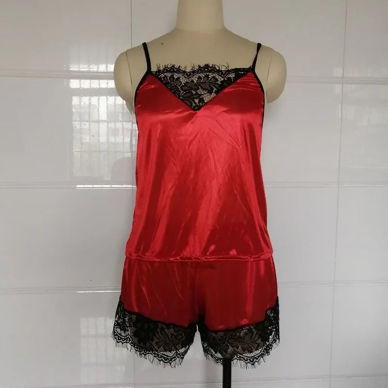 2Pcs Sexy Pajama Set Women Sexy Lace Patchwork Satin Silk Spaghetti Strap Top Hot Shorts Pajama Women Sleepwear Femme Pijamas