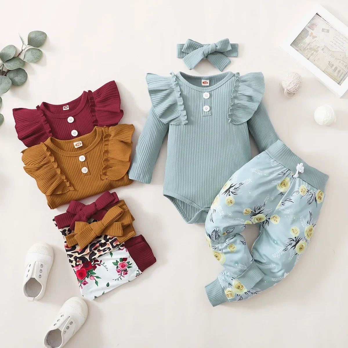 3Pcs Newborn Girl Clothes Ruffle Button Romper + Floral Print Pants Baby Girl Clothes Set Infant Kids Clothing Fall Baby Outfits