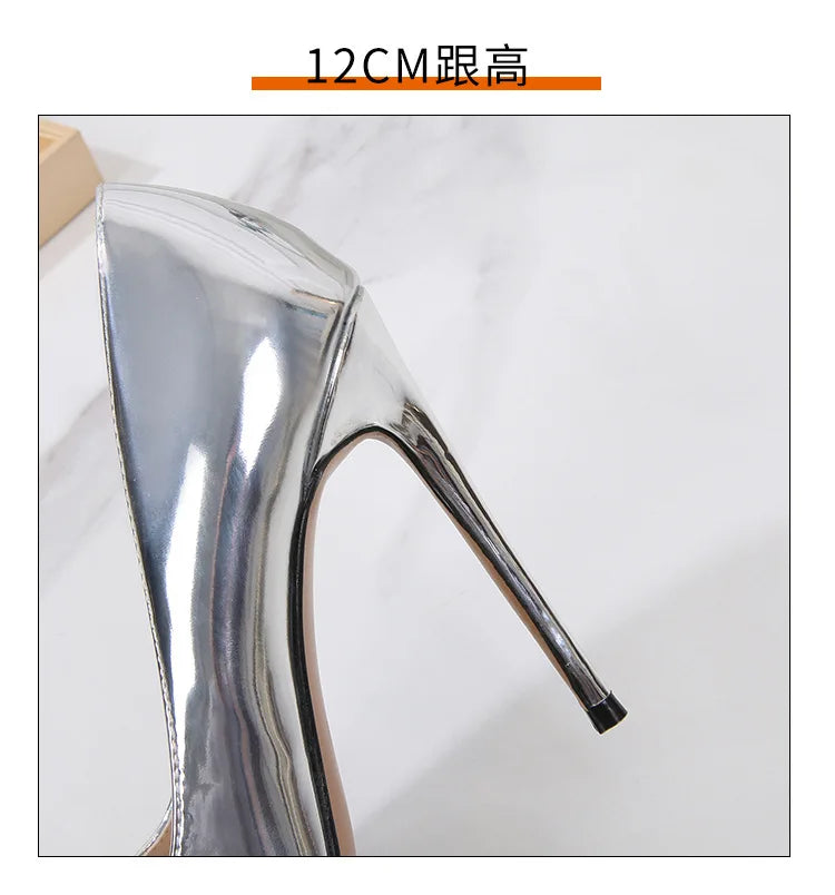 Shiny silver fashion career heels for women with a 12cm stiletto heel for a stylish look