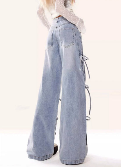 Jeans Women Vintage Bow Design Baggy Wide Leg Trousers Autumn High Waist Students Young All-match Daily Harajuku Slouchy Chic