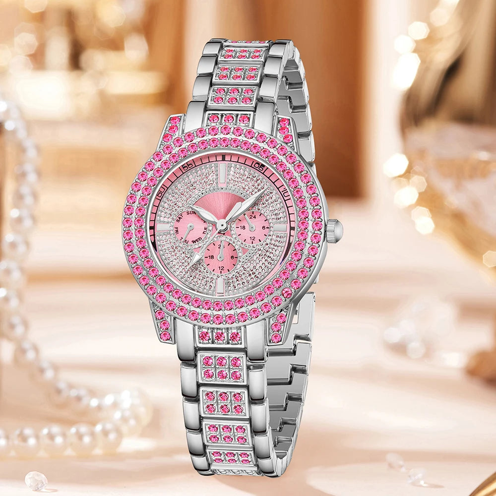 Pink Watch Women's Bracelet Necklace Jewelry Set Elegant Fashion Watch Women's Casual Watch Bracelet Set Clock (No Box)