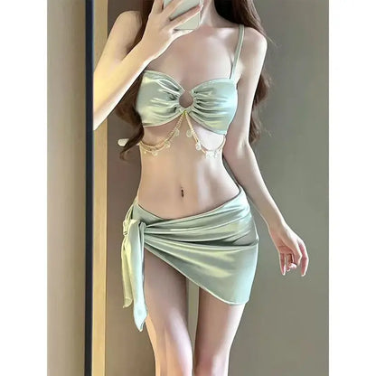 2026 Y2k Summer Cute Pink Sweet Patchwork Sets Cute Bow Design Sexy Lace-up Style Casual Bikini Swimsuit Beach Vaction Clothes