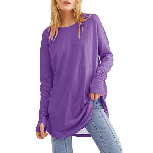 Women's Solid Round Neck Loose Long Sleeve Medium Length Leaky Thumb T-shirt Top