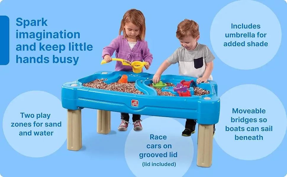 Cascading Cove Sand and Water Table, Kids Activity Sensory Playset with Umbrella, Summer Outdoor Toys, 7 Pcs Toy Accessories
