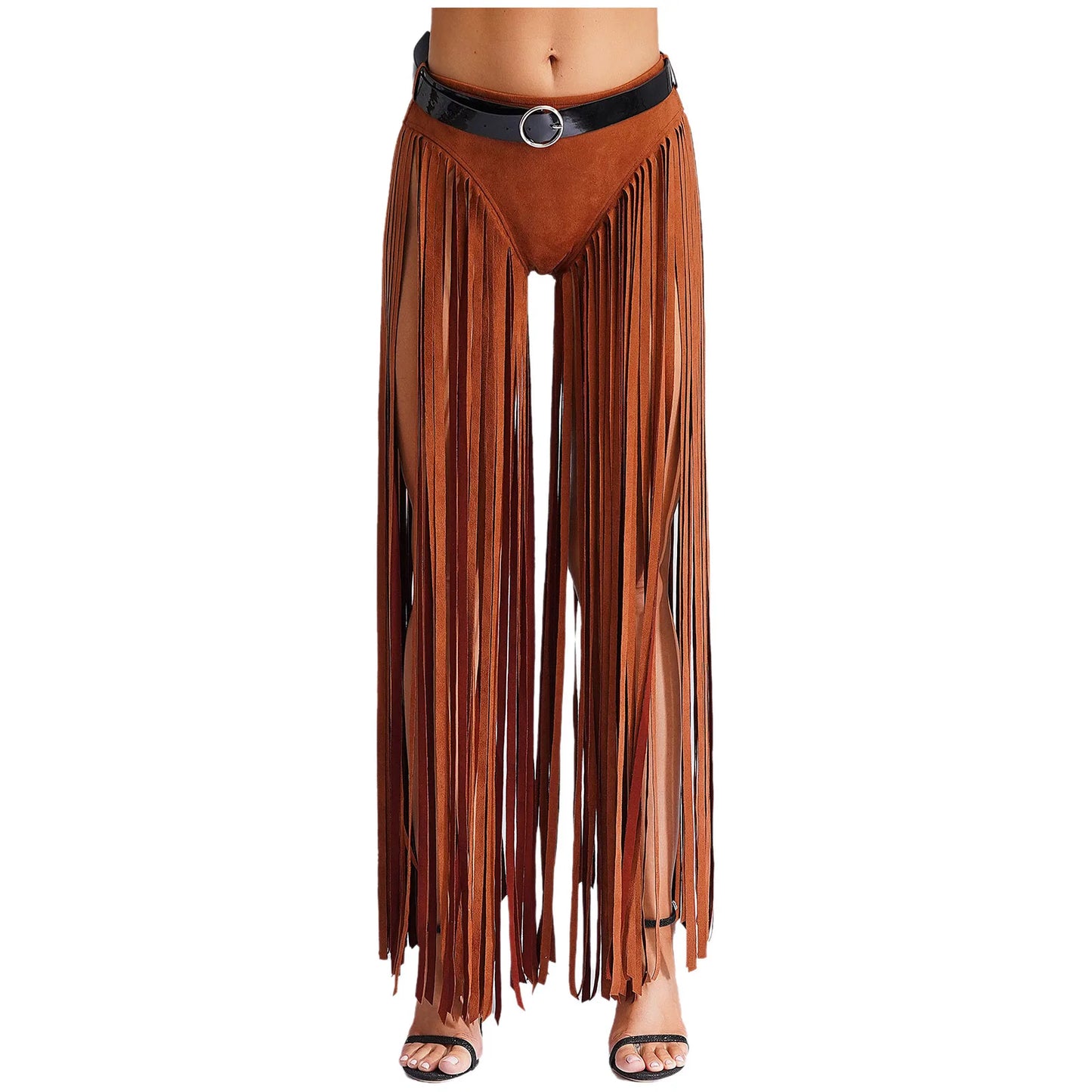 Womens Hippy Cosplay Costume High Waist Suede Underwear with Long Tassels And Belt Halloween Dress Up 70s Disco Costume