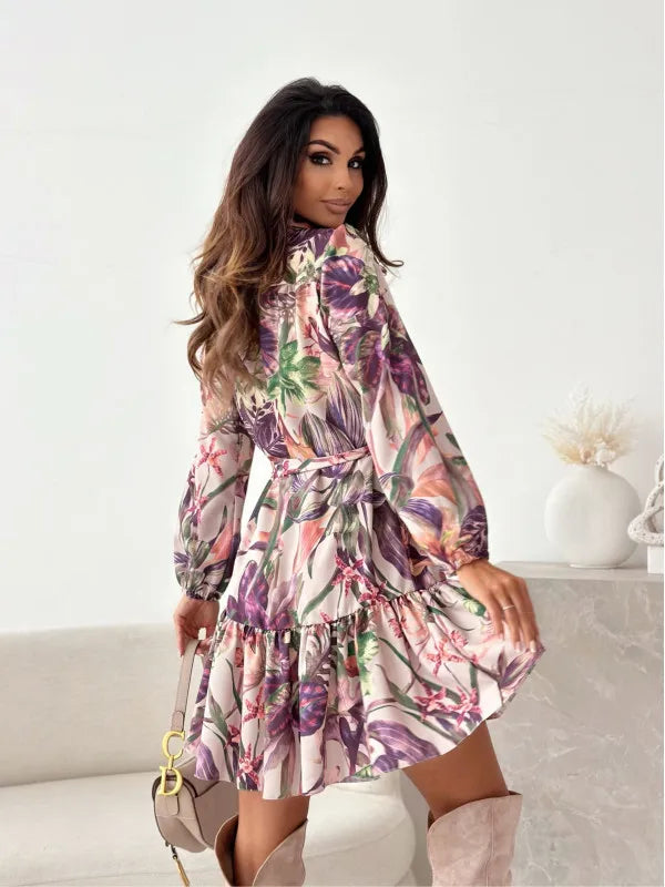 Autumn Long Sleeved Elegant Women's Dress With Plant Floral Print Lantern Sleeves Half Open Collar And Waist Cinching Midi Dress