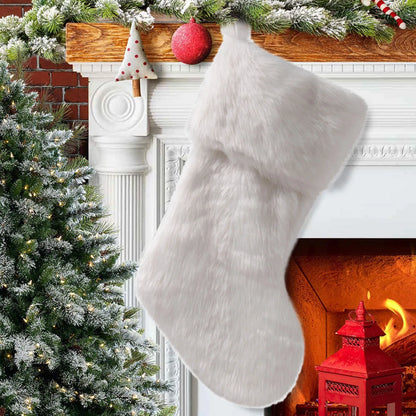 Large White Christmas Stockings Plush Socks Gifts Candy Bag Xmas Tree Pocket Hanging Ornament New Year Christma Decorations