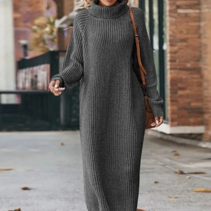 Winter New Women's Fashion Temperament Elegant Slim Fit Coat Long Woolen Dress Loose Casual High Neck Knitted Dress