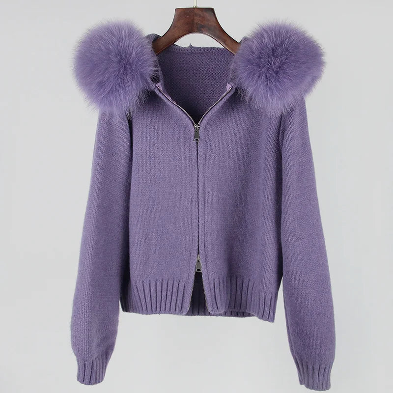 OFTBUY Real Fox Fur Kintwear Women 2025 New Spring Autumn Hooded Sweater Female Loose Zipper Kintted Jacket Oversized Cardigan