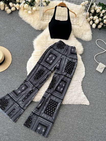 Fashion New Women Summer Sexy Pants Set 2023 Halter Tank Tops Wide-leg Long Pantsuit Female Slim Vacation Two Piece Sets