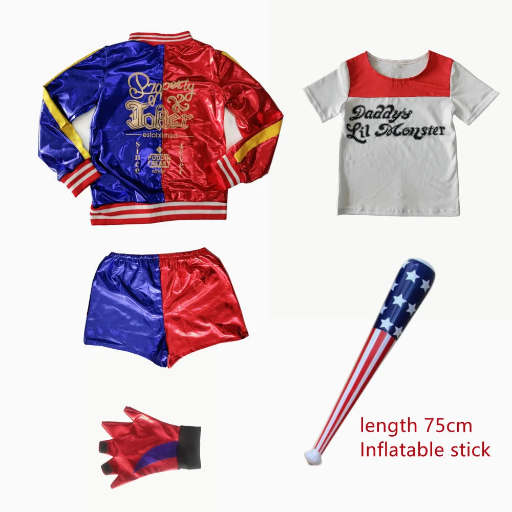 Harley Quinn kids cosplay costume set including jacket, shirt, shorts, gloves, and inflatable bat