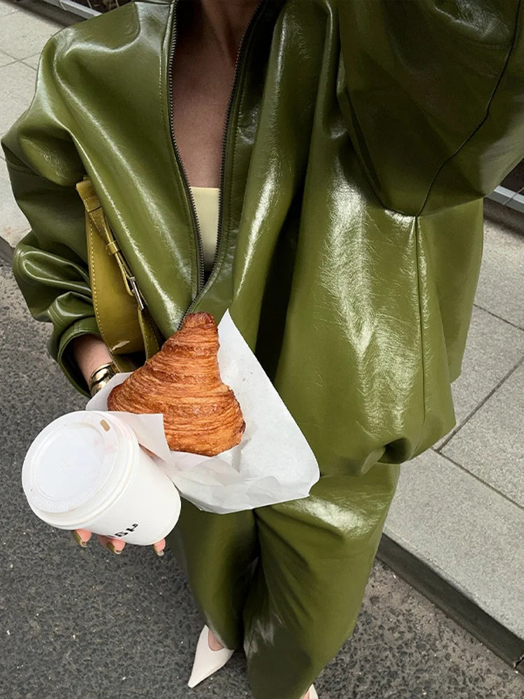 Leather Fashion Jacket Skirt Sets Women Zipper Loose Street Stand Collar Coats Straight Midi Skirts Suits 2025 Autumn Party Chic