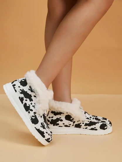 2025 Autumn Winter Women Fluffy Fur Snow Boots Women Leopard Print Flat Flat Heels Thicken Plush Cotton Padded Shoes Woman Warm