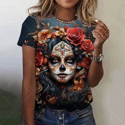 Summer Women Fashion T-shirt Mexican Day Of Dead Tops Tees Female Daily Casual Short Sleeve Clothing Ladies Vintage Outfit
